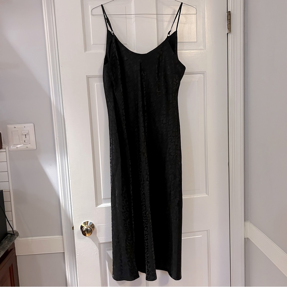 Emma & Michele Satin Black Leopard Print Spaghetti Strap Cowl Neck Slip Dress - Picture 4 of 8